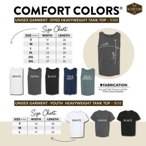 The image is a collection of various colored tank tops, each with different sizes and widths, as well as a size chart for the tank tops.
