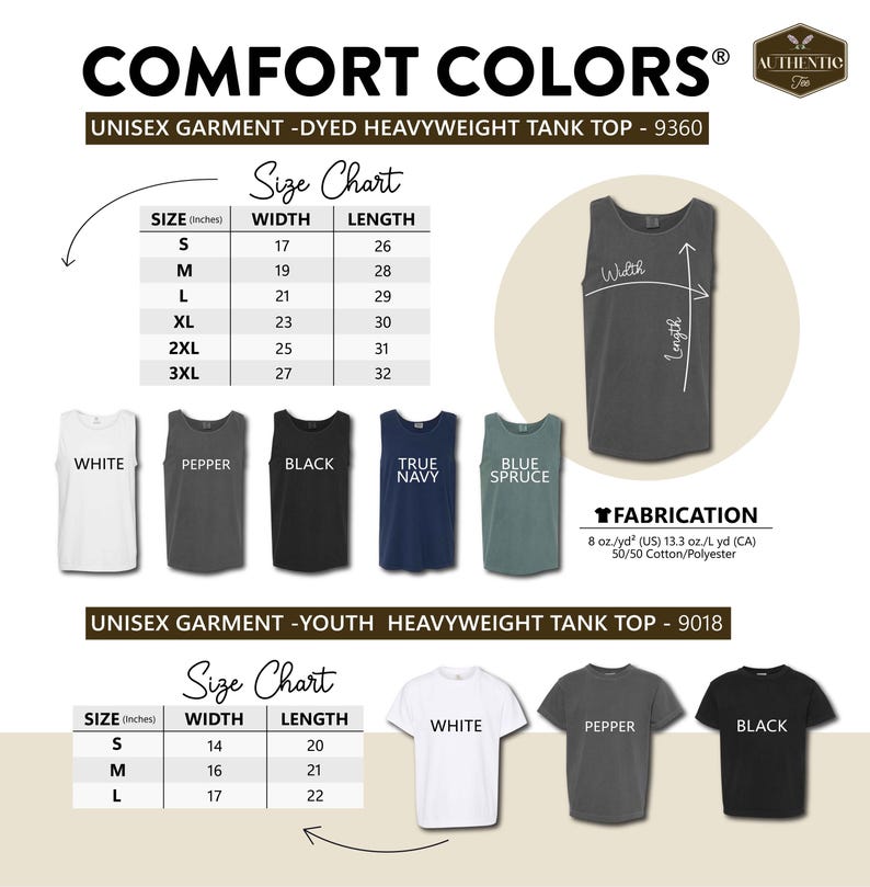 The image is a collection of various colored tank tops, each with different sizes and widths, as well as a size chart for the tank tops.