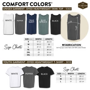 May include: Comfort Colors unisex heavyweight tank top 9360 in white, pepper, true navy, blue spruce, and black, plus youth heavyweight t-shirt 9018 in white, pepper, and black. Includes size charts with width and length measurements in inches.