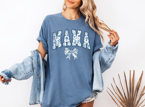 Comfort Colors® Mama Shirt, Blue Ribbon Shirt, Mothers Day Gift, Girly Aesthetic Gift For Mom, Cute Mom Shirt, Bow Shirt, Chinoiserie Shirt
