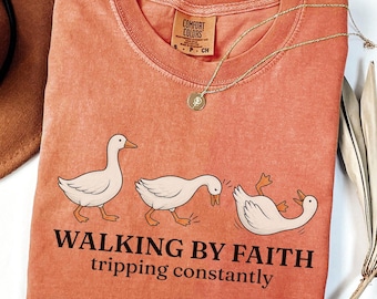Può includere: Una t-shirt a maniche corte color terracotta con una grafica di tre oche bianche. Le prime due oche camminano, mentre la terza inciampa. Sotto le oche, il testo recita WALKING BY FAITH tripping constantly.