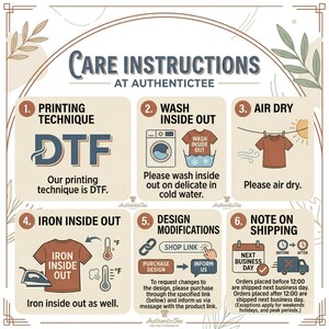 May include: An infographic titled Care Instructions at AuthenticTee featuring six numbered steps. It details DTF printing, washing inside out in cold water, air drying, ironing inside out, design modification procedures, and shipping information.