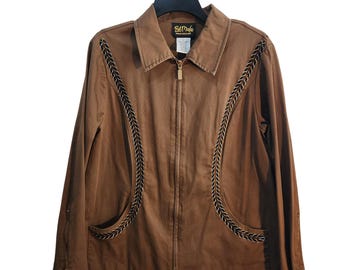 Bob Mackie Wearable Art Brown Embroidered Zip Jacket Womens Large A74486 Vintage