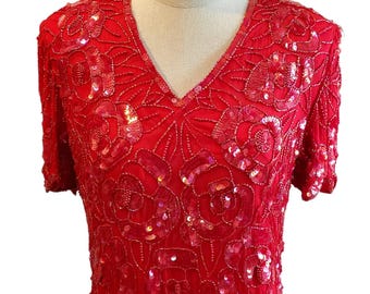 Papell Boutique Evening Sequin Red Silk Blouse Size M Vintage