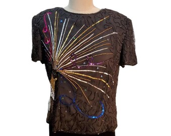 Adrianna Papell Vintage Silk 2000 Champagne Sequin Top & Velour Pants Size L Y2K