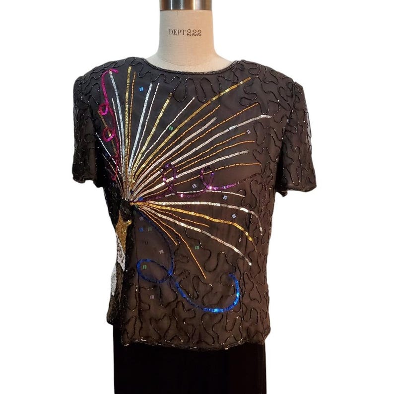 Adrianna Papell Vintage Silk 2000 Champagne Sequin Top & Velvet Pants Talla L Y2K imagen 1