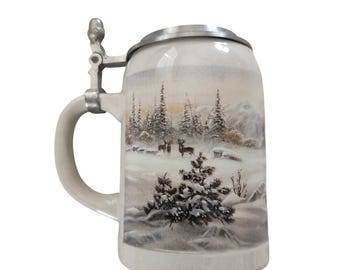 Domex German Beer Stein Winter Deer Forest Scene Hinged Pewter Lid Vintage