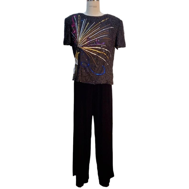 Adrianna Papell Vintage Silk 2000 Champagne Sequin Top & Velvet Pants Talla L Y2K imagen 11