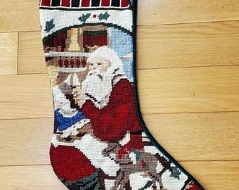 Vintage Needle Point Christmas Stocking Santa's Workshop Velvet