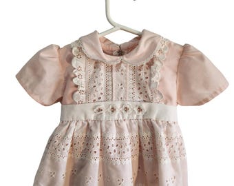 Vintage Pink Apron Eyelet Lace Dress Peter Pan Collar Floral Embroidery 2T