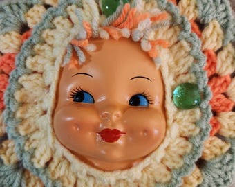 Vintage 70s Crochet Doll Face Pot Holder Decor Peach Green Yellow Handmade