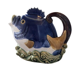 Wakiang Nouveau Majolica Fish Teapot CBK LTD 1999 Blue Collectible Decor Vintage