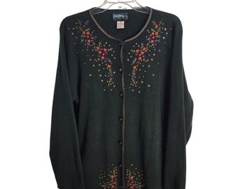 Cárdigan vintage de los 90 para mujer, color verde bosque, bordado floral con lentejuelas, talla M