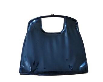Vintage 1960s Mod Women's Black Patent Shiny Purse W/ Gold Accent Button Closure