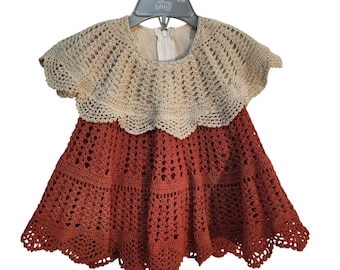 Handmade Crochet Baby Dress Terracotta Orange Cream Boho Vintage Style 0-3M
