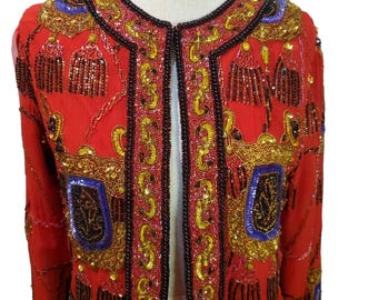 Chaqueta bolero de seda roja con cuentas vintage de Lawrence Kazar, talla PP