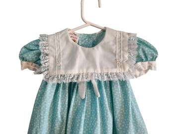 Vintage Winnie The Pooh Girls Dress 2T Light Blue Polka Dot Lace Trim USA Made