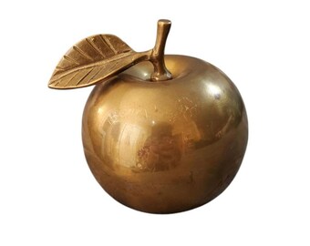 Vintage Brass Apple Hand Bell With One Leaf & Stem