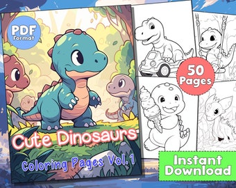 50 Cute Dinosaurs Coloring Page Book | Coloring Book for Adults + Kids | Printable PDF | Digital Download