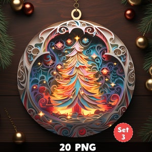 3D Glowing Christmas Trees Ornament Set 3 | 20 PNG | Sublimation Bundle | Xmas Ornaments | Instant Digital Download | 3D Round Sublimation