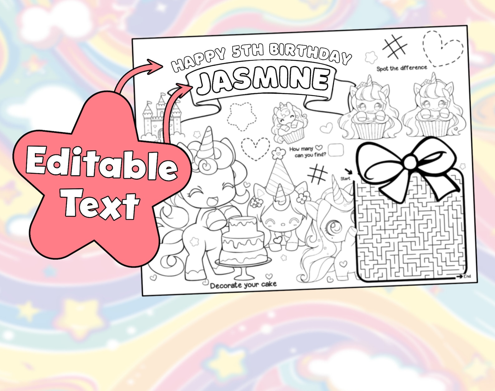 Editable Unicorn Theme Birthday Party Placemat V2 | Coloring Page ...