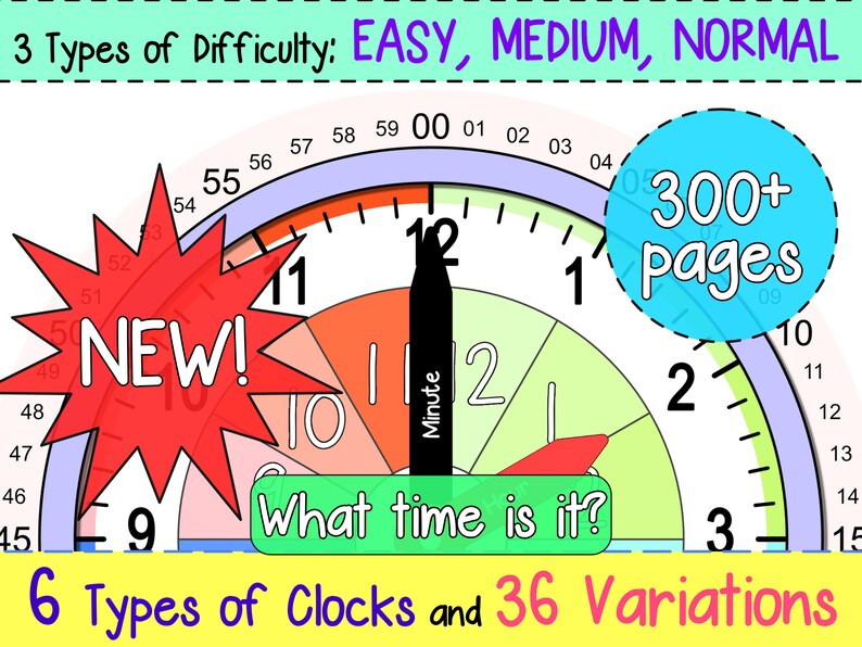 300 Pages Time Worksheets 36 Printable Clocks Learn to Tell Time for Kids What Time is It Time
