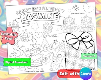 Editable Unicorn Theme Birthday Party Placemat | Coloring Page Crafts ...