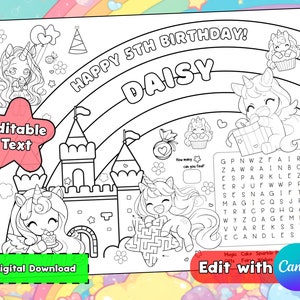 Editable Unicorn Theme Birthday Party Placemat | Coloring Page Crafts | Kids Activity | Personalized Birthday Placemat, Birthday Activity