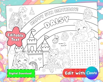 Editable Unicorn Theme Birthday Party Placemat V2 | Coloring Page ...