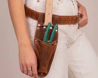 Ceinture fourreau en cuir Hori Hori avec poches pour sécateur et ciseaux. Ceinture à outils en cuir personnalisée pour fleuriste, ceinture de jardinage.