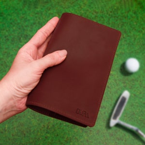 Regalo del día del padre Portatarjetas de golf de cuero, cosido a mano, Regalos de golf personalizados, Porta libros de yardas, Regalos de cuero para golfistas.