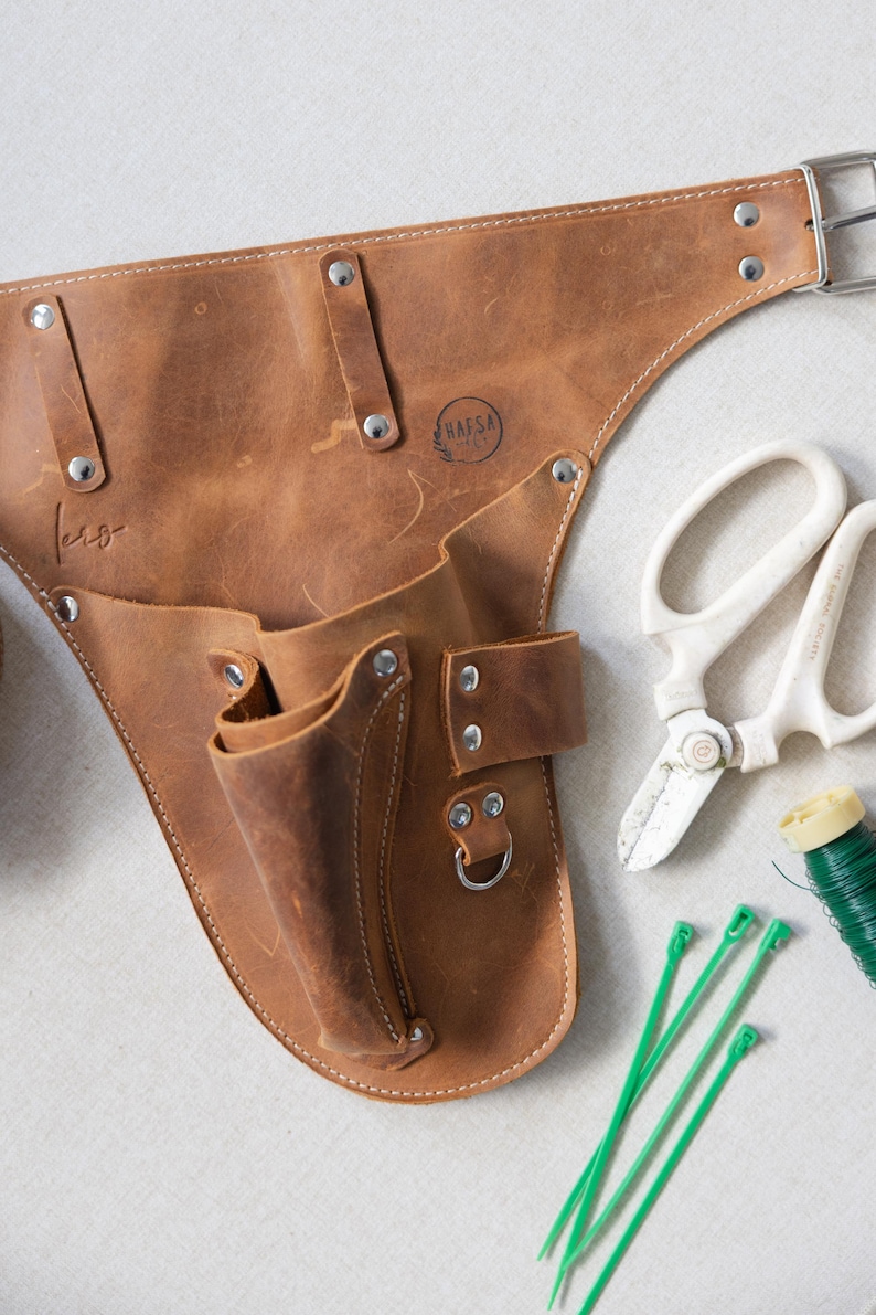 Full Grain Leather Garden Tool Belt, Florist Work Pockets, Durable Workwear image 12