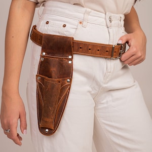 Hori Hori Leather Sheath belt with Pruner and Scissor Pockets. Personalized florist Tool Belt Leather, Gardening Belt. Brown