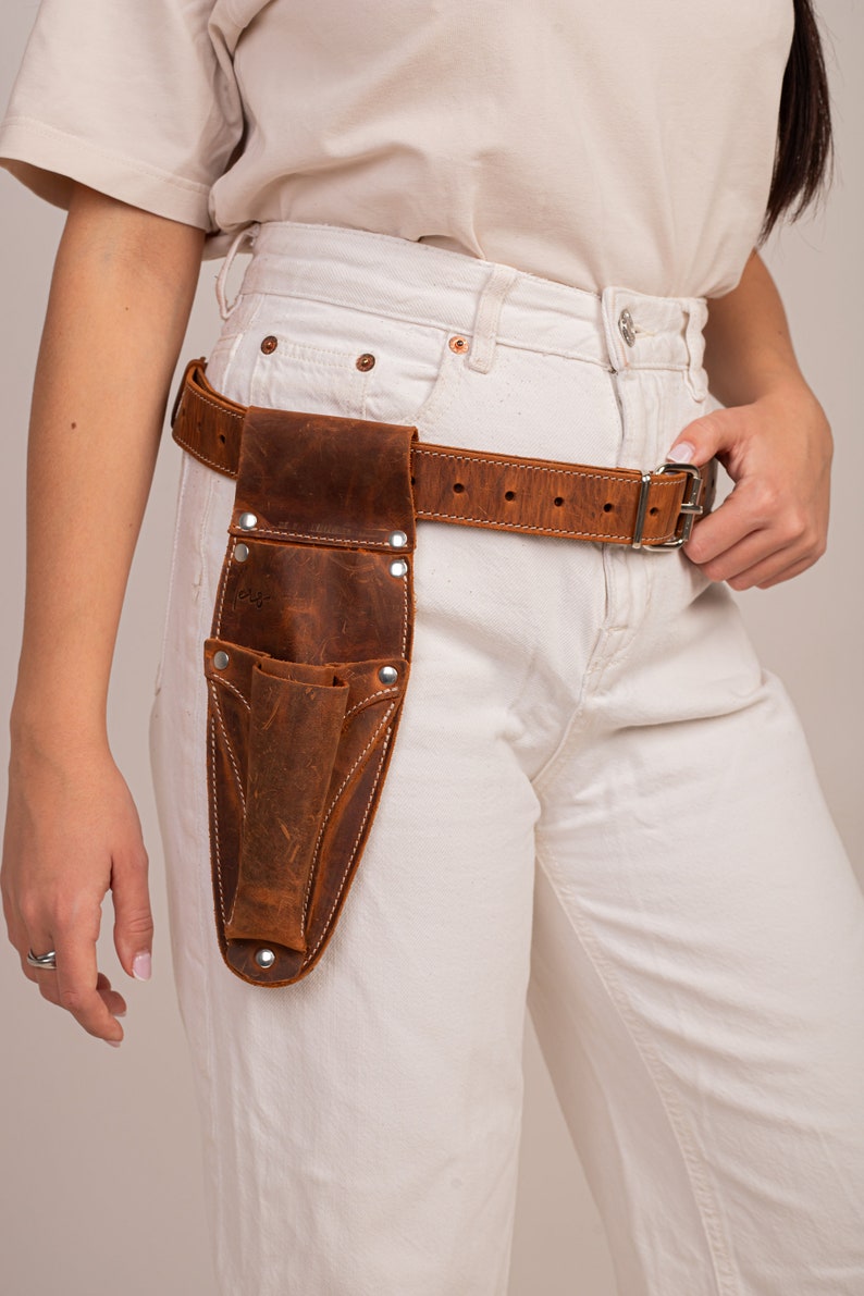 Hori Hori Leather Sheath belt with Pruner and Scissor Pockets. Personalized florist Tool Belt Leather, Gardening Belt. Brown