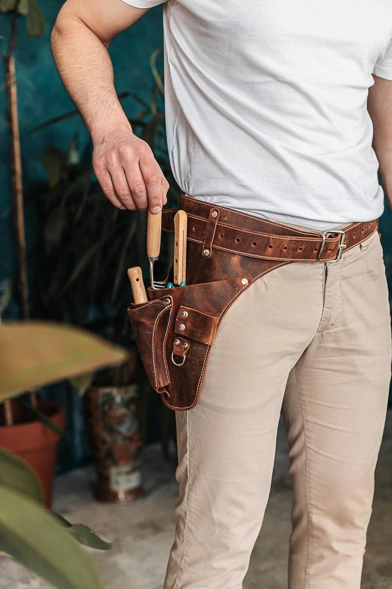 Full Grain Leather Garden Tool Belt, Florist Work Pockets, Durable Workwear image 16