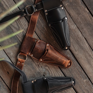 Hori Hori Knife Sheath Leather Belt with Pruner & Scissor Pockets