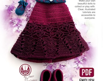 May include: A crochet tutorial PDF for an amigurumi doll featuring 68 pictures, 20 pages, and 1 schema. The image displays a dark magenta crochet dress with a teal bolero, a small teal bag, and a pair of matching teal and magenta crochet shoes.