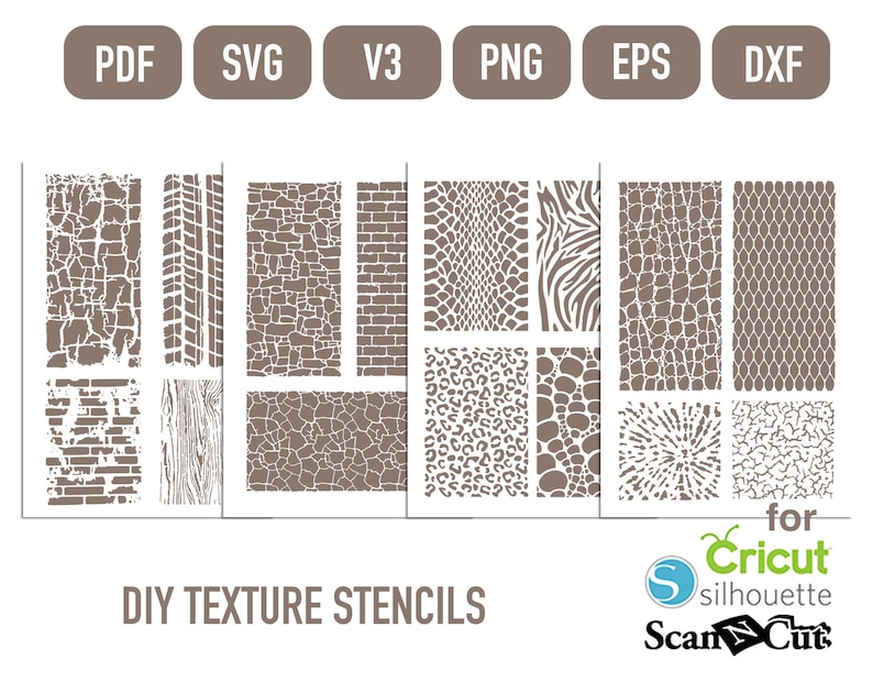 May include: A set of 12 DIY texture stencils for use with Cricut, Silhouette, and ScanNCut cutting machines. The stencils feature a variety of textures, including brick, wood, leather, and animal print.