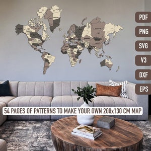 DIY druckbare Wand-Weltkarte pdf, png, svg, dxf, eps, Silhouette v3, Wand-Weltkarte-Erstellung aus Kork, Pappe, Vinyl, Sperrholz