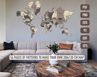 DIY Printable wall world map pdf, png, svg, dxf, eps, Silhouette v3, wall world map creation cork, cardboard, vinyl, plywood
