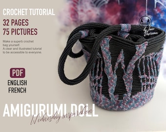May include: Crochet tutorial for an amigurumi doll bag. The bag is black with purple and blue accents. The tutorial includes 32 pages and 75 pictures. The text on the image reads "Crochet Tutorial, 32 Pages, 75 Pictures, PDF, English, French, Amigurumi Doll, Wednesday inspiration".