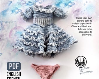 May include: A crochet pattern PDF titled AMIGURUMI DOLL Ariel inspiration, featuring a light blue dress with ruffled layers, a pink headband, and pink underwear. The text includes CROCHET TUTORIAL 14 PAGES 45 PICTURES, PDF ENGLISH FRENCH, and MAMAN JEDY.