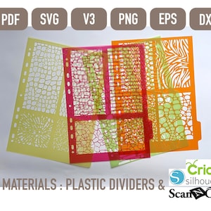May include: Four plastic stencils with different patterns: a yellow and green crocodile skin pattern, a pink and orange crocodile skin pattern, an orange and yellow striped pattern, and a white and black zebra pattern. The stencils are labelled "MATERIALS: PLASTIC DIVIDERS &" and are compatible with Cricut, Silhouette, and ScanNCut machines.