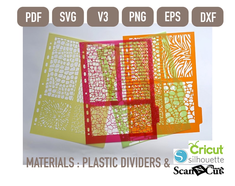May include: Four plastic stencils with different patterns: a yellow and green crocodile skin pattern, a pink and orange crocodile skin pattern, an orange and yellow striped pattern, and a white and black zebra pattern. The stencils are labelled "MATERIALS: PLASTIC DIVIDERS &" and are compatible with Cricut, Silhouette, and ScanNCut machines.
