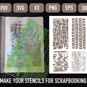 May include: A set of four stencils for scrapbooking, featuring a cracked brick pattern, tyre tread, brick wall, and wood grain. The stencils are white on a brown background and are shown on a white surface.