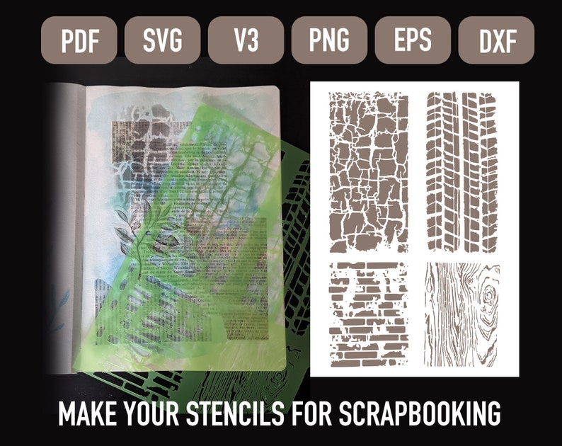 May include: A set of four stencils for scrapbooking, featuring a cracked brick pattern, tyre tread, brick wall, and wood grain. The stencils are white on a brown background and are shown on a white surface.