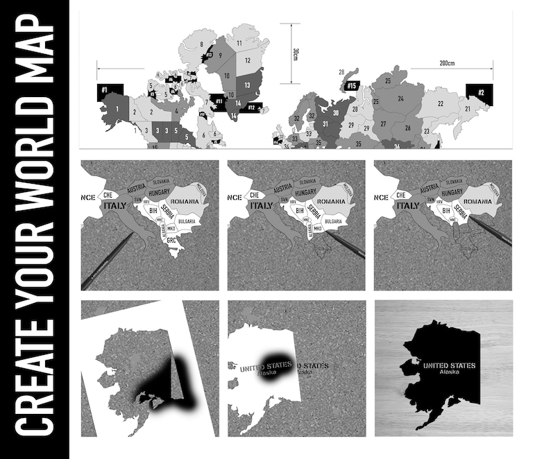 DIY Printable Wall World Map Pdf, Png, Svg, Dxf, Eps, Silhouette V3 ...