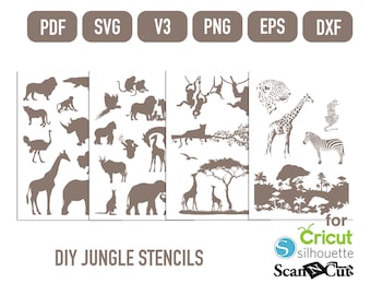 DIY Jungle animal stencils scrapbooking pdf, png, svg, dxf, eps, Silhouette v3, digital art journal stencils, junk journal stencils