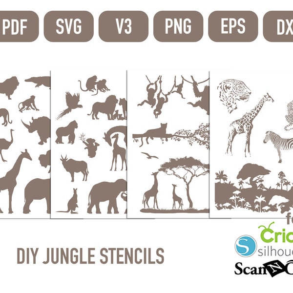 DIY Pochoirs animaux jungle scrapbooking pdf, png, svg, dxf, eps, Silhouette v3, digital pochoirs art journal, pochoirs junk journal