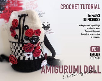 Patrón de bolso de ganchillo Cruella Devil, tutorial de crochet de bolso Cruella, patrón de bolso de muñeca amigurumi, tutorial de crochet de bolso de muñeca Cruella